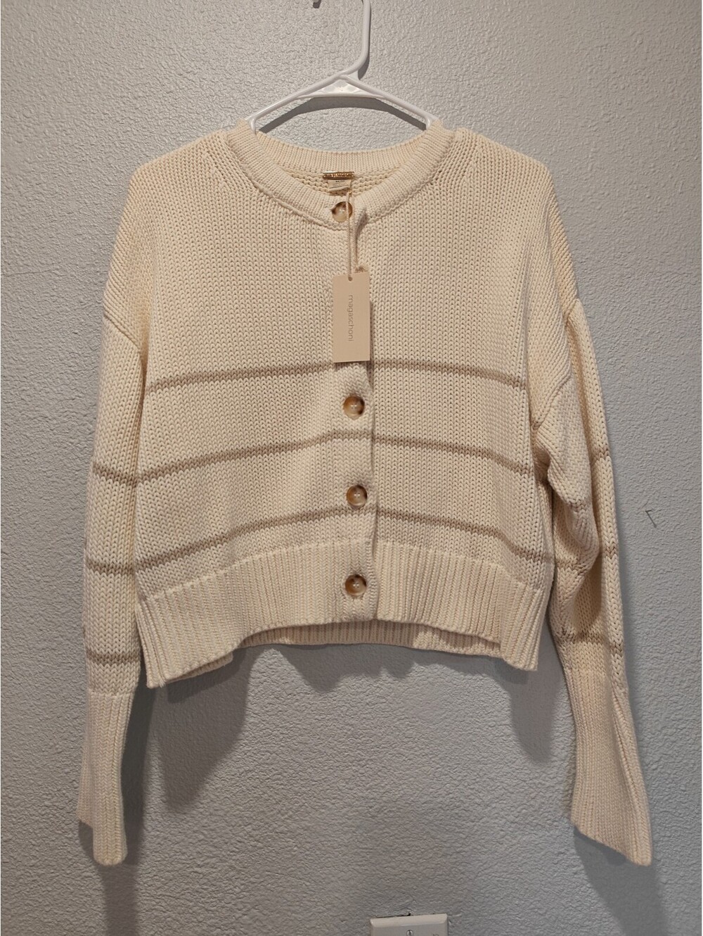 magaschoni Women's Cream Striped Knit Cardigan Sweater, Size